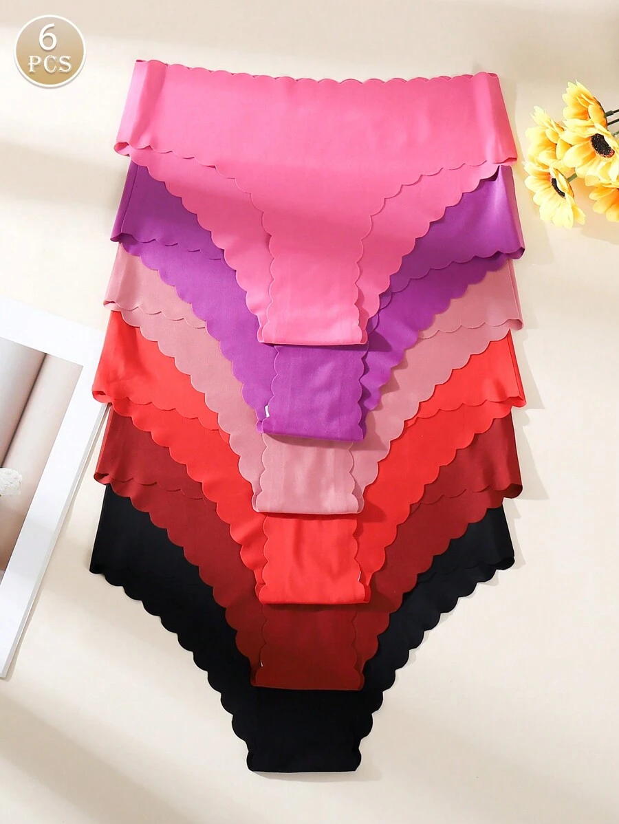 6pcs Women's Silky Wavy Edge Solid Color Sexy & Comfortable Bikini Briefs