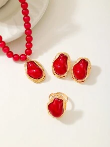 Set de 3 piezas de joyería vintage con marco de metal asimétrico, collar, aretes y anillo con perlas falsas para mujeres