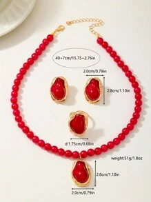 Set de 3 piezas de joyería vintage con marco de metal asimétrico, collar, aretes y anillo con perlas falsas para mujeres