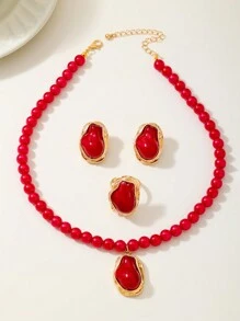 Set de 3 piezas de joyería vintage con marco de metal asimétrico, collar, aretes y anillo con perlas falsas para mujeres