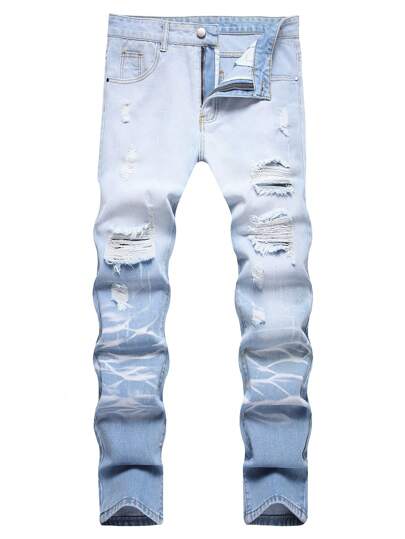 Jeans slim de pierna recta con estampado personalizado tipo salpicadura de pintura, estilo americano para hombres