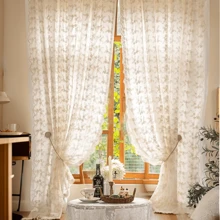 1pc Beige Romantic Floral Embroidered Lace Sheer Curtain, Rod Pocket Design, Easy To Hang, Quality Polyester Fabric, Lightweight Filtering, Suitable For Office, Living Room, Bedroom Home Decor