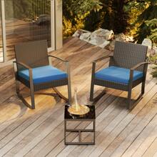 Modern 3 Pieces Bistro Set Outdoor Chairs,Outdoor Seating,Outdoor Seating Patio, Rocking Chairs, Wicker Chairs With Coffee Table Furniture Set For Balcony, Porch - Blue - View 1