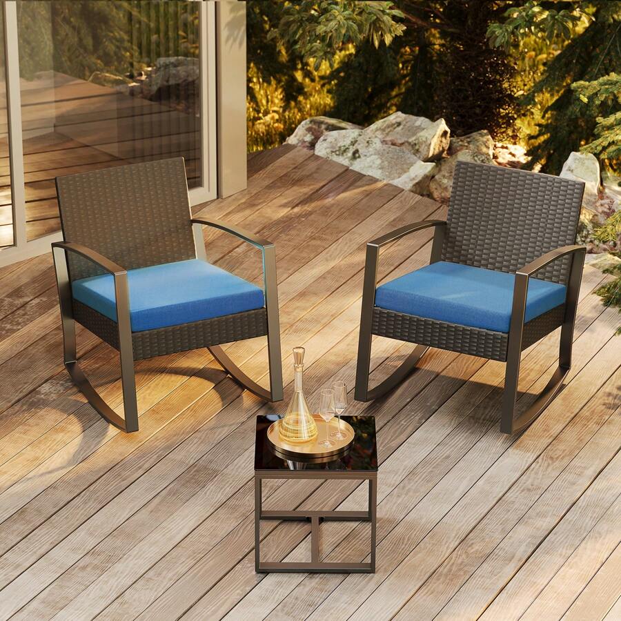 Modern 3 Pieces Bistro Set Outdoor Chairs,Outdoor Seating,Outdoor Seating Patio, Rocking Chairs, Wicker Chairs With Coffee Table Furniture Set For Balcony, Porch - Blue - View 1