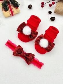 1 Pair Red Christmas Socks & 1 Pc Princess Headband, Suitable For Baby Toddler Christmas & New Year Wear