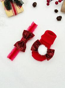 1 Pair Red Christmas Socks & 1 Pc Princess Headband, Suitable For Baby Toddler Christmas & New Year Wear