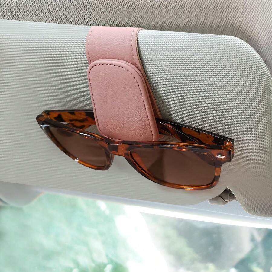 Sunglasses Holder For Car, Leather Magnetic Buckle Sun Visor Sunglass Clip, Ticket Card Storage Glasses Clip, Car Interior Accessories For Men And Women - 淺粉色 - 查看 1