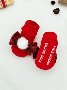 1 Pair Red Christmas Socks & 1 Pc Princess Headband, Suitable For Baby Toddler Christmas & New Year Wear