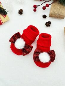 1 Pair Red Christmas Socks & 1 Pc Princess Headband, Suitable For Baby Toddler Christmas & New Year Wear