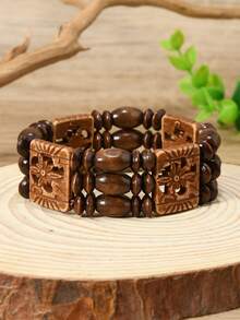7pcs Women Wooden Bead Bracelet, Bohemian Vintage Elastic Rope Multilayer Wooden Bead Wristband - Multicolor - View 6