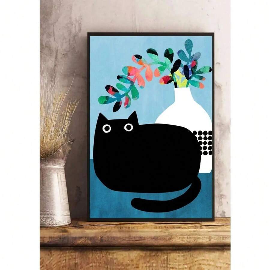 1ชิ้น ตุ๊กตาแมวดำอ้วนการ์ตูน ภาพวาดผ่านใบปิด สีสันพรรณไม้สีเขียว ภาพวาด