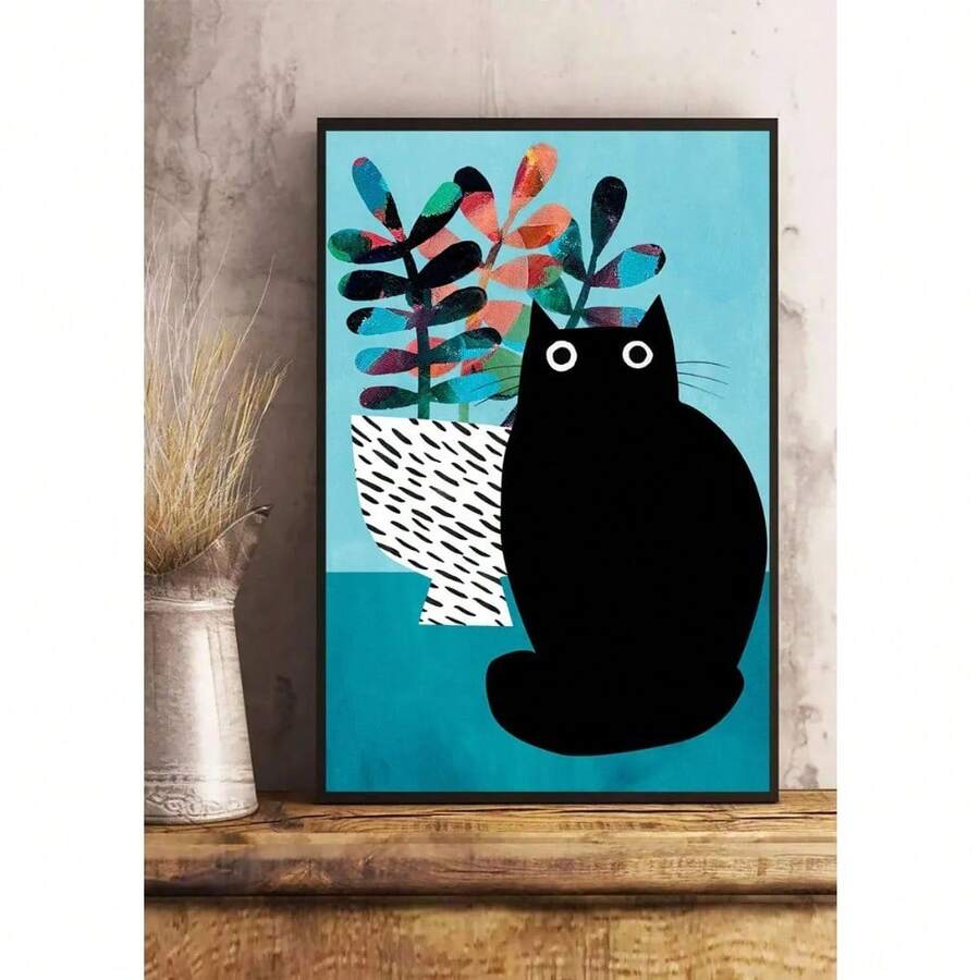 1ชิ้น ตุ๊กตาแมวดำอ้วนการ์ตูน ภาพวาดผ่านใบปิด สีสันพรรณไม้สีเขียว ภาพวาด