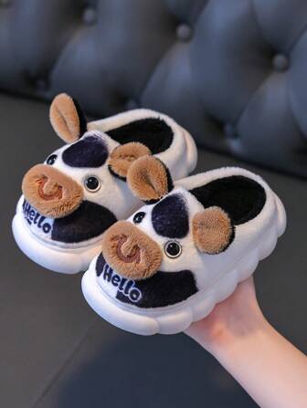 New Cute Cartoon Cow Slippers For Children In Autumn And Winter, Suitable For Indoor And Outdoor Leisure, Comfortable, Non Slip, Soft Bottom, Warm Home Slippers