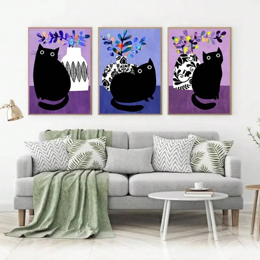 1ชิ้น ตุ๊กตาแมวดำอ้วนการ์ตูน ภาพวาดผ่านใบปิด สีสันพรรณไม้สีเขียว ภาพวาด