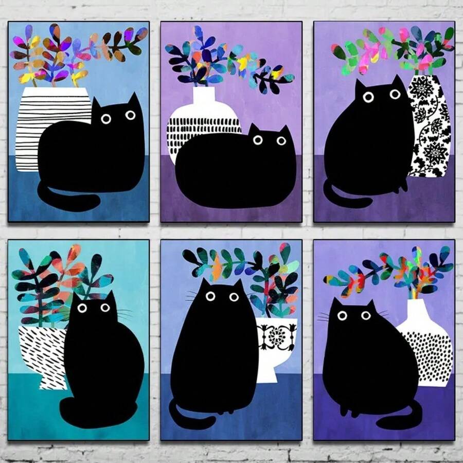 1ชิ้น ตุ๊กตาแมวดำอ้วนการ์ตูน ภาพวาดผ่านใบปิด สีสันพรรณไม้สีเขียว ภาพวาด