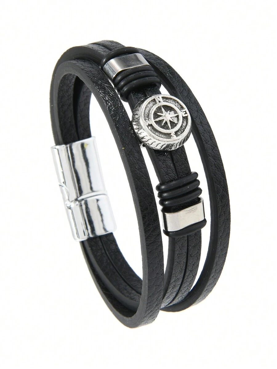 1 chiếc vòng tay da nhiều lớp thông thường dành cho nam có thiết kế la bàn - màu đen - Xem 1