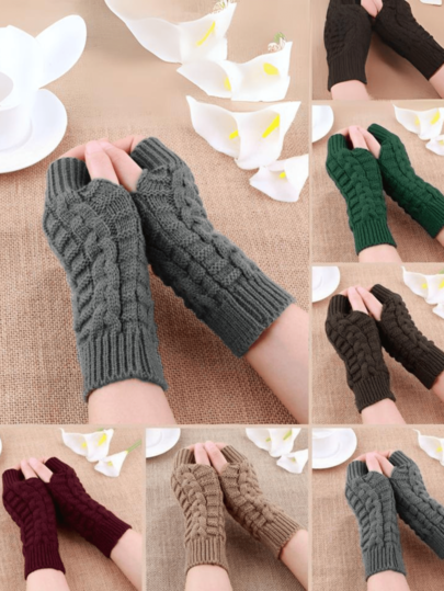 1 Pair Knitted Arm Warmers, College Style Short Half Finger Gloves, Cute Openwork Plaid Open- Gloves For Autumn/Winter