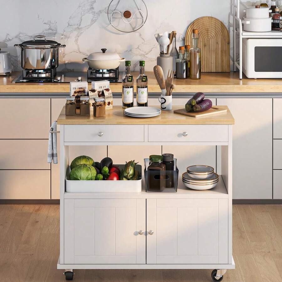 Rolling Kitchen Island With Storage 35.4'' Width Kitchen Cart