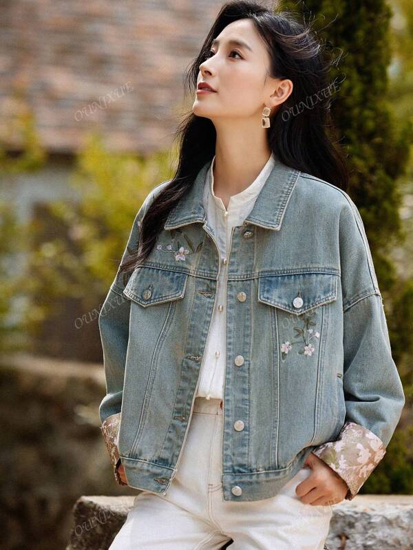1pc Collar Embroider Denim Jacket With New Chinese Style Jacquard Splice Detail Casual Outwear