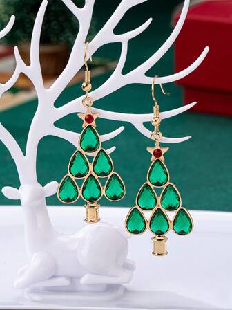 Fashionable & Minimalist Green Gemstone Christmas Tree Stud Earrings