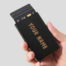 1pc Custom Signature Wallet, Personalized Signature Design Wallet, Custom Signature Wallet, Personalized Wallet With Signature,Custom Signature Wallet,Slim Card Pushing Pattern Wallet ID Bank Credit Card Holder Minimalist Thin Aluminium Metal Wallets Bank Card Box RFID Women Purse Men Metal Card Holders Organizer - Black - View 9