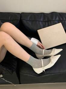 White Flat Shoes For Women With Silver Decorative Buckle, Bow Accent Valentines