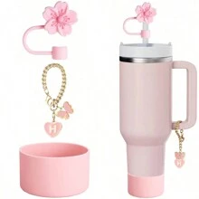 Compatible con accesorios de la Copa , 1 pieza Tapa de pajita con flor de cerezo rosa para taza, 1 pieza Bota de silicona, 1 pieza Encantos con letras lindas para tumblers de 30 y 40 onzas con asa, regalo para el Día de la Madre
