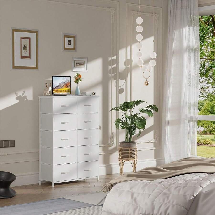 10 Storage Drawer Dresser Bedroom Tall Wood Dresser With Fabric Storage