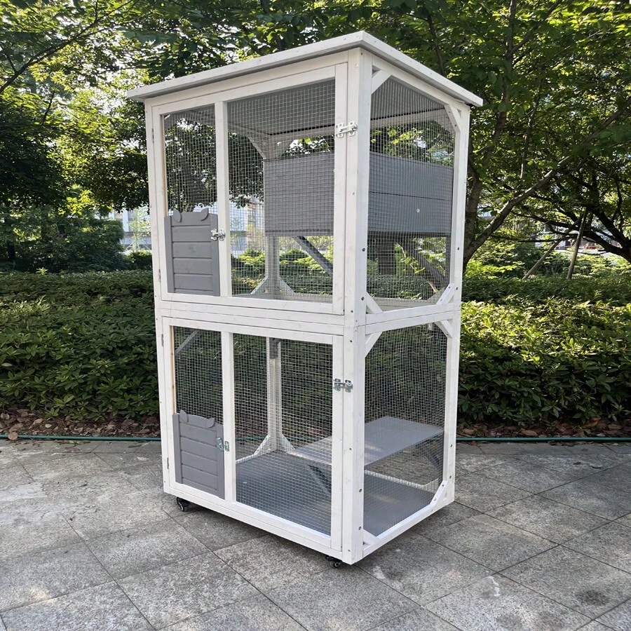 Large Cat Cage, 2 Tiers Wooden Outdoor Cat House With Wheels Waterproof