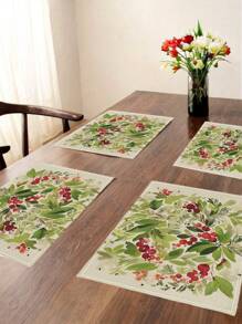 4 Pcs Watercolor Holly Christmas Placemats Seasonal Poinsettia Buffalo Plaid Winter Christmas Holiday Table Mats For Party Kitchen Restaurant Decoration