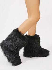 Women Fluffy Decor Slip On Snow Boots