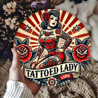 Vintage Tattoo Lady Iron Wall Art Sign - Retro Round Engraved Wreath Decorative Engraving For Home, Room, Cafe, Bar, Garage Decoration, Can Be Used As Art Gift For Friends And Family