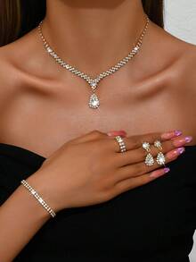 5 件时尚百搭女士婚礼首饰套装 - 水滴形水钻耳环、项链、手链和戒指（不含礼盒），适合日常、宴会、派对佩戴 - 首飾套裝 - 查看 7