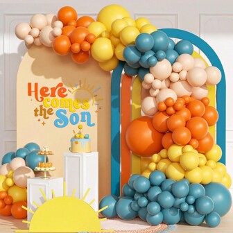 Retro Slate Blue Orange Mustard Yellow Nude Thickening Latex Balloon Arch Kit For Here Comes The Son Babyshower Bridal Shower Sunshine Theme 1st First Birthday Boho Party Backdrop Decorations Supplies