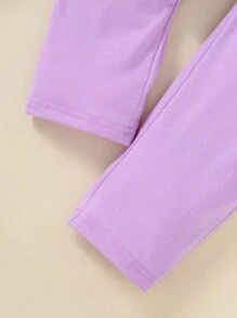 Young Girl Heart Print Bow Decor Ruffle Hem Long Sleeve Top + Solid Color Pants 2pcs Set - Purple - View 7