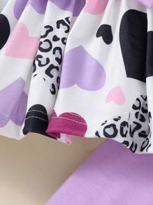 Young Girl Heart Print Bow Decor Ruffle Hem Long Sleeve Top + Solid Color Pants 2pcs Set - Purple - View 6