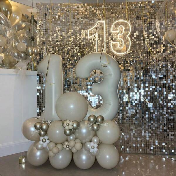53pcs/Set Double Digits Anniversary Happy Birthday Balloon Set, Large Foil Number Balloons, Happy Birthday Banner, Cream Colored Balloons, Suitable For Birthday Party Decor, Anniversary, Holiday, Party, Bridal Shower, Valentine's Day Decor