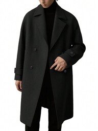 Men's Retro Vintage Coin Aesthetic Button Front Mid-Length Drop Shoulder Wool Coat, Minimalist Casual Comfortable, Suitable For Vacation And Commute Wear