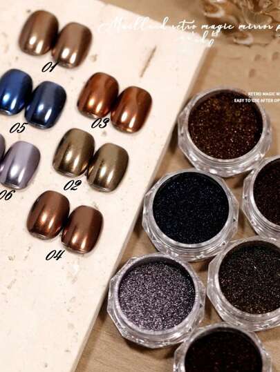 1/5/6/8/12/14 件装 Y2K 美甲粉，高级镜面粉，棕色镜面效果美甲粉，复古系列镜面粉/亮片装饰/钛金皱纹金属美甲粉，秋冬美甲粉，变色龙美甲粉，秋冬美甲，情人节，美甲用品