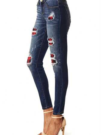 Women's Fashion Distressed Patchwork Plaid Washed Skinny Jeans