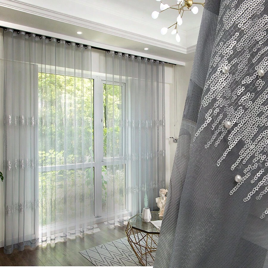 1 mảnh, rèm cửa vải tuyn thêu sequin màu xám của Pháp thích hợp cho phòng khách, phòng ngủ, nhà bếp, phòng tắm, trang trí nhà cửa, trang trí phòng - Xám - Xem 1