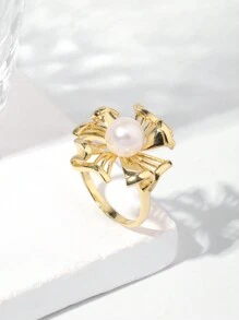 女士仿珍珠戒指，18K 镀金女士星爆金戒指，适合新娘结婚订婚戒指周年纪念生日珠宝，适合女士尺寸 6 至 9 - 金黃色 - 查看 3