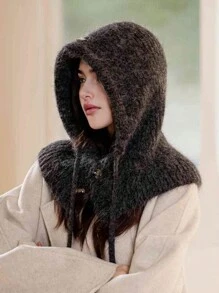 1pc Women's Solid Color Knitted Plush Hat, Winter Warm Windproof Earmuffs Cute Cartoon Knitted Cap Casual Elegant Retro Streetwear Fashion Versatile Beanie, Suitable For Outdoor Walking, Skiing, Cycling, Travel, Party & Daily Use