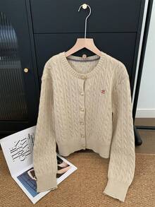 Women's Round Neck Cable Knit Long Sleeve Cardigan Sweater, Solid Color, Cable Pattern, Minimalist Casual, Suitable For Daily Wear, Commuting, Autumn/Winter Long Sleeve Top - Apricot - View 10