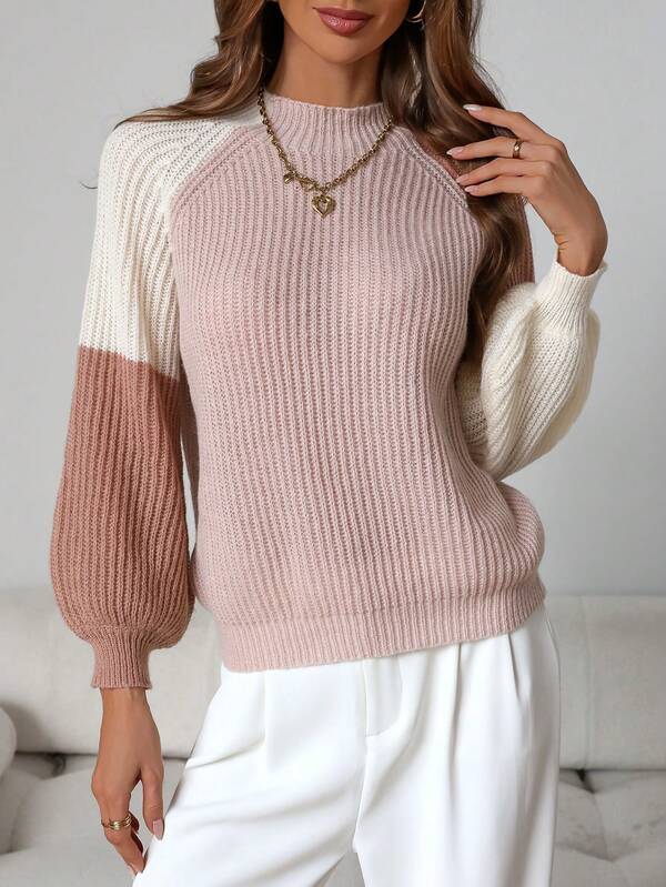 Suéter de punto de manga larga y bloque de color elegante para mujer, otoño e invierno