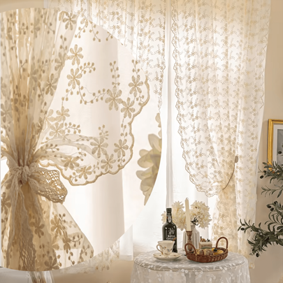 1pc Beige Romantic Floral Embroidered Lace Sheer Curtain, Rod Pocket Design, Easy To Hang, Quality Polyester Fabric, Lightweight Filtering, Suitable For Office, Living Room, Bedroom Home Decor
