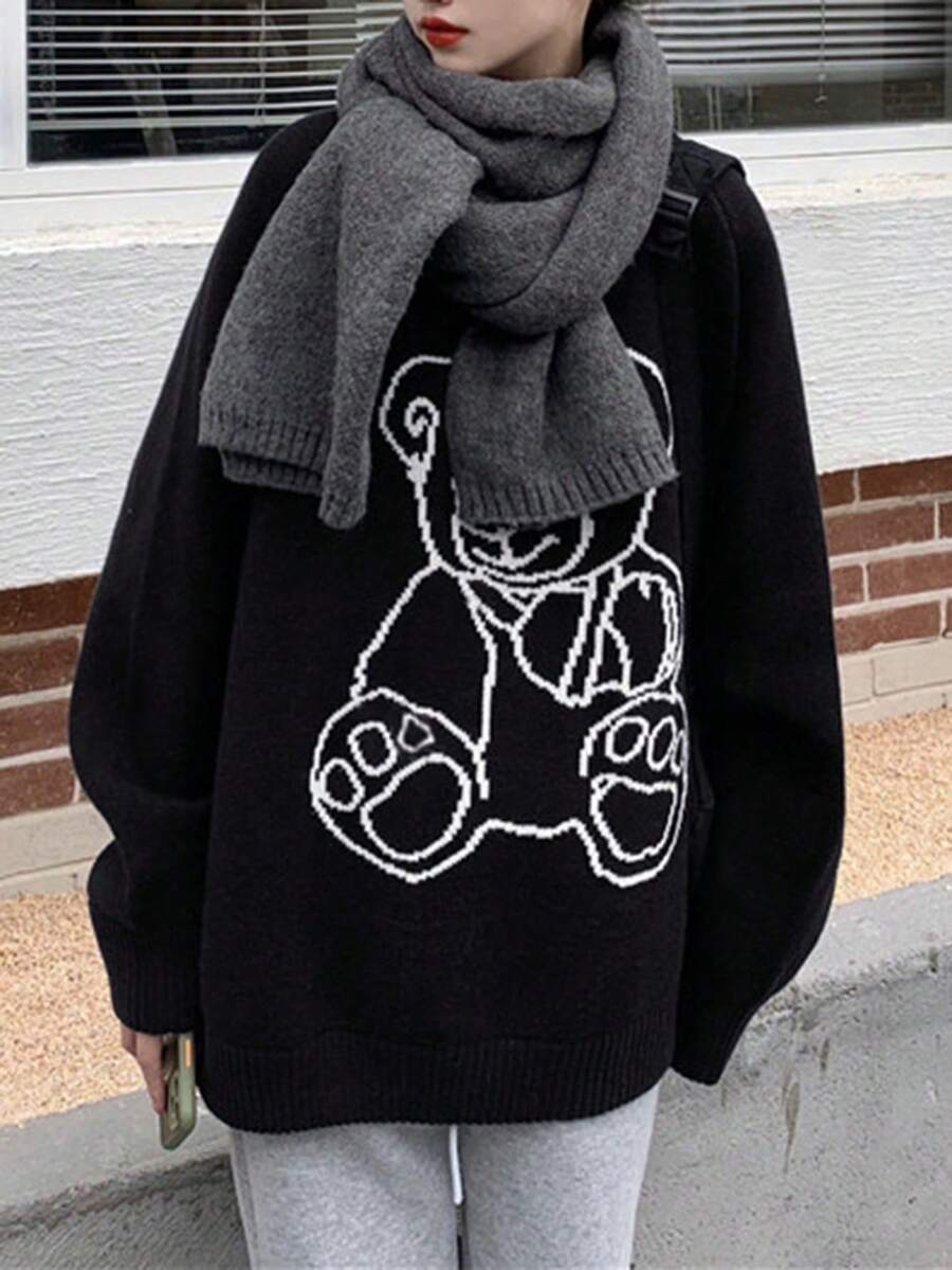 Casual Bear Pattern Crew Neck Raglan Sleeve Loose Knit Sweater, Autumn/Winter - Black - View 1