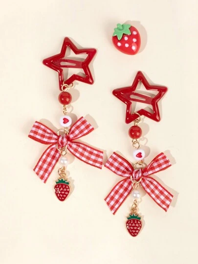 2个红色草莓樱桃发夹，带蝴蝶结，可爱甜美BB夹，带长吊坠，适合作为礼物、发饰、情人节礼物、发夹、爪夹、学习用品