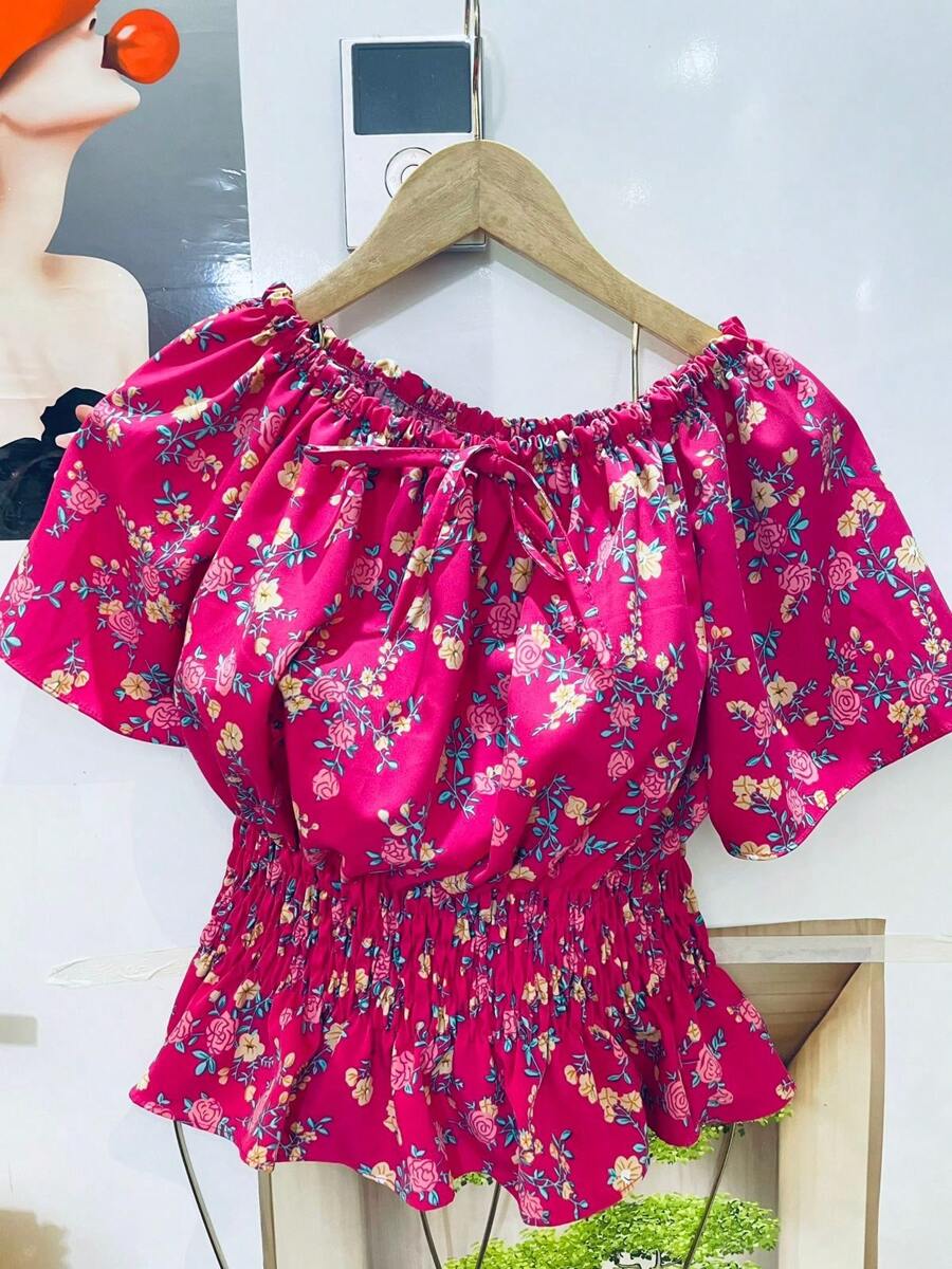 Belala Moda New Women's Short Sleeve Blouse With Elastane And Flower Print. - 玫瑰紅 - 查看 1