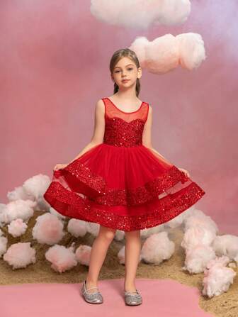 Tween Girls Sleeveless Sequins Contrast Mesh Layered Hem Party Dress